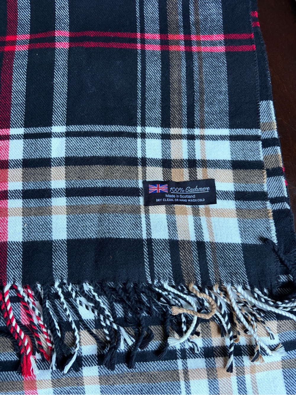 100% Cashmere Plaid Scarf - Black, Tan & Red 66”